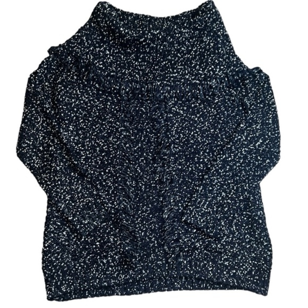 EUC POL by Anthropologie Cotton Blend Navy Blue Cowlneck Fringe Sweater Medium